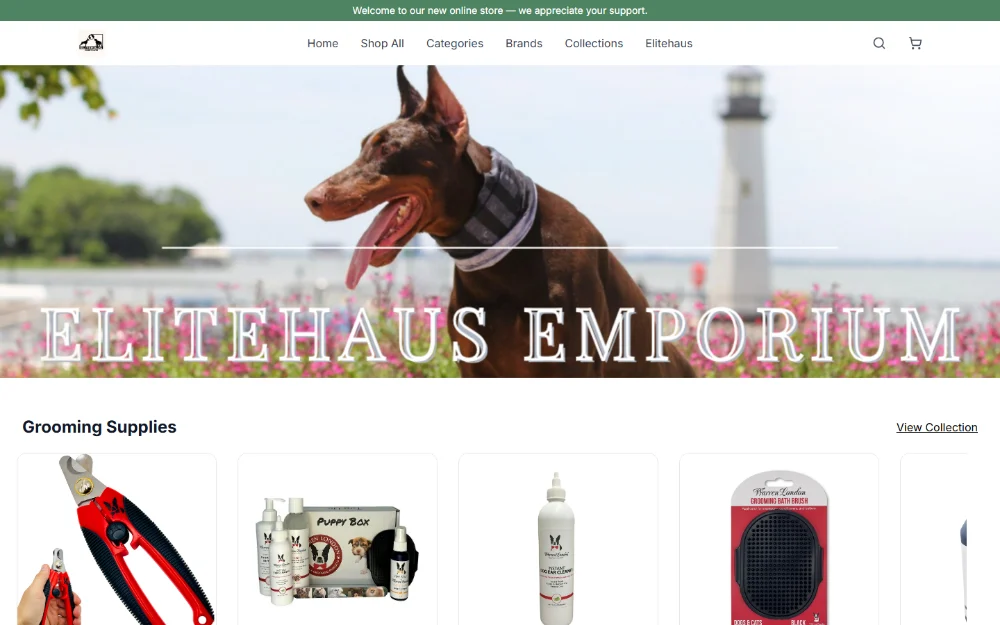 The Elitehaus Emporium storefront, a serif wordmark over a harbor photograph above a grooming collection